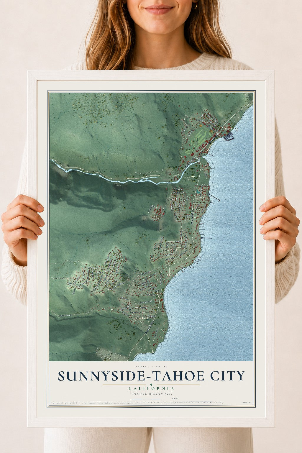 Map of Sunnyside-Tahoe City, California, 18 x 24 inch print in a white wood frame