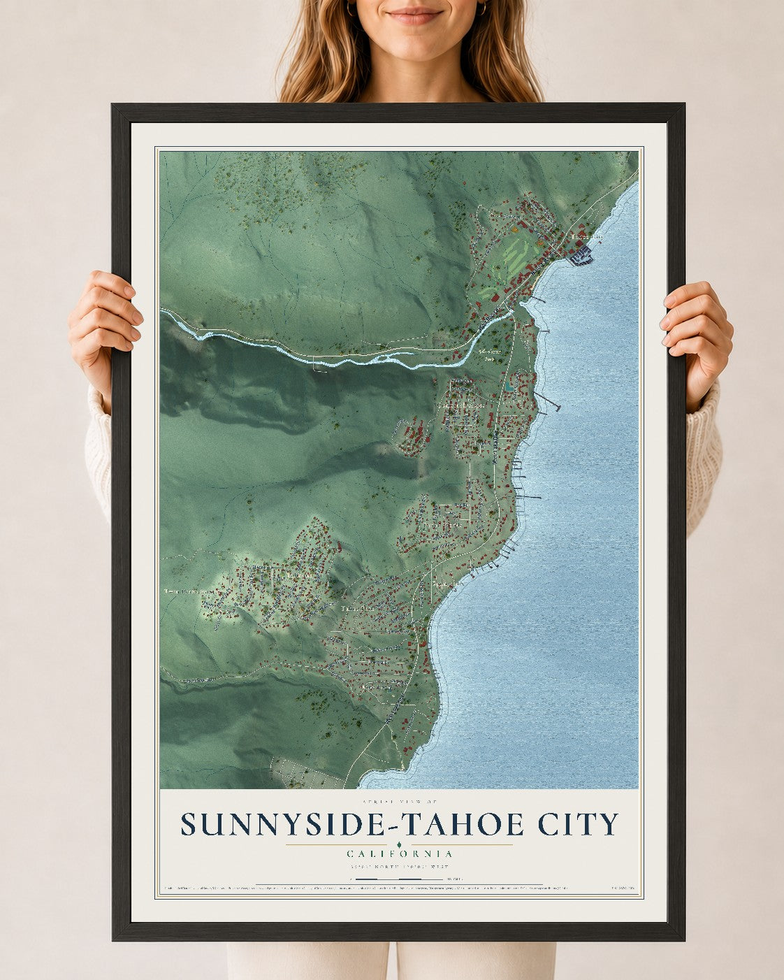 Map of Sunnyside-Tahoe City, California, 24 x 36 inch print in a black wood frame