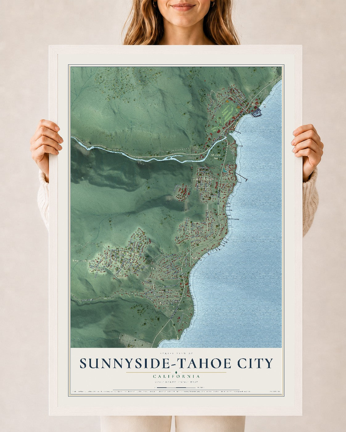 Map of Sunnyside-Tahoe City, California, 24 x 36 inch print in a white wood frame