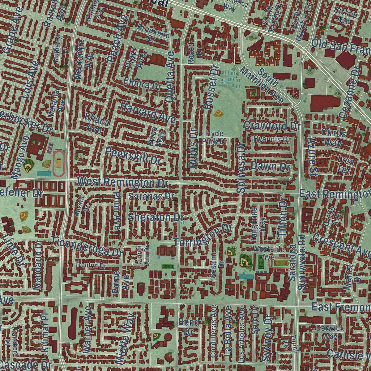 Close-up of the map of Sunnyvale, California print showing street and building detail