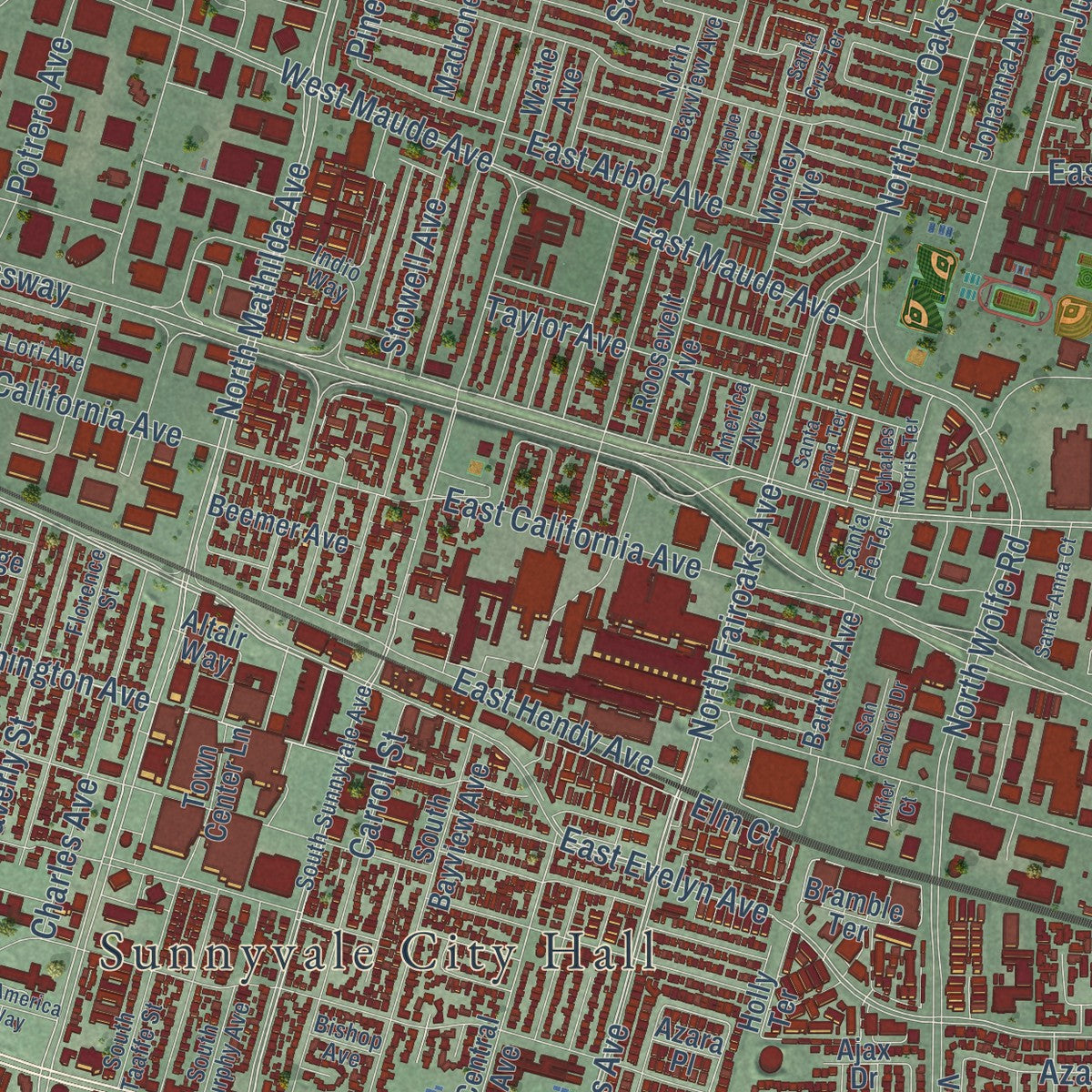 Second close-up of the map of Sunnyvale, California print showing more streets and buildings