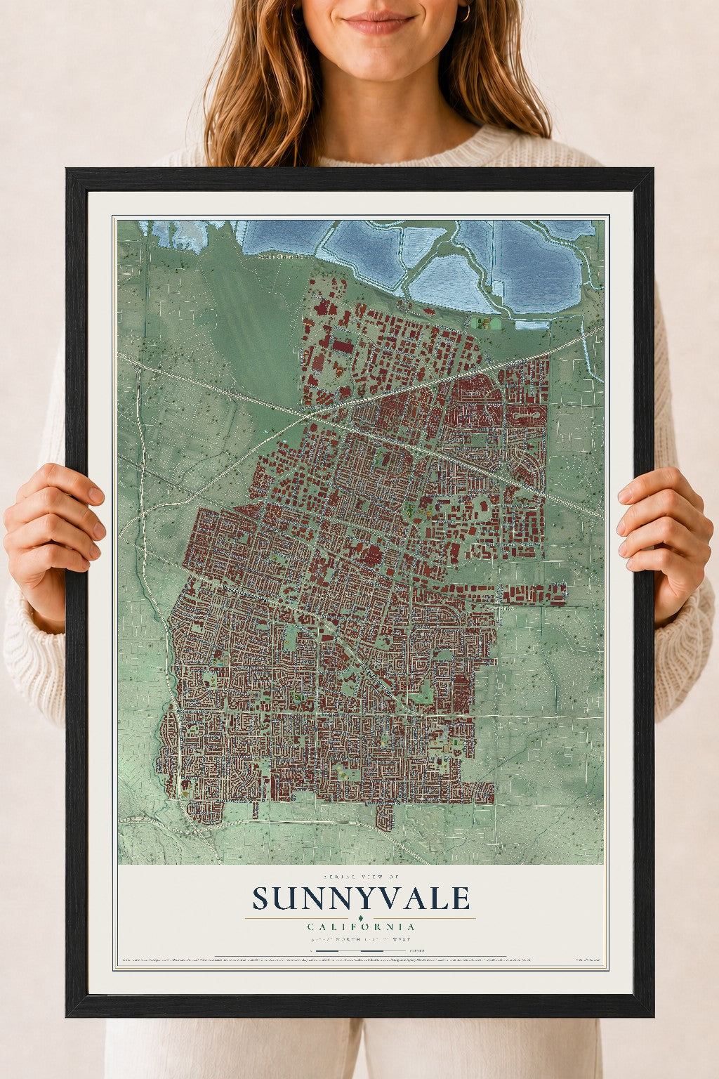 Map of Sunnyvale, California, 18 x 24 inch print in a black wood frame