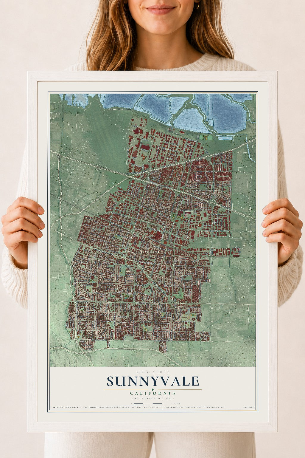 Map of Sunnyvale, California, 18 x 24 inch print in a white wood frame