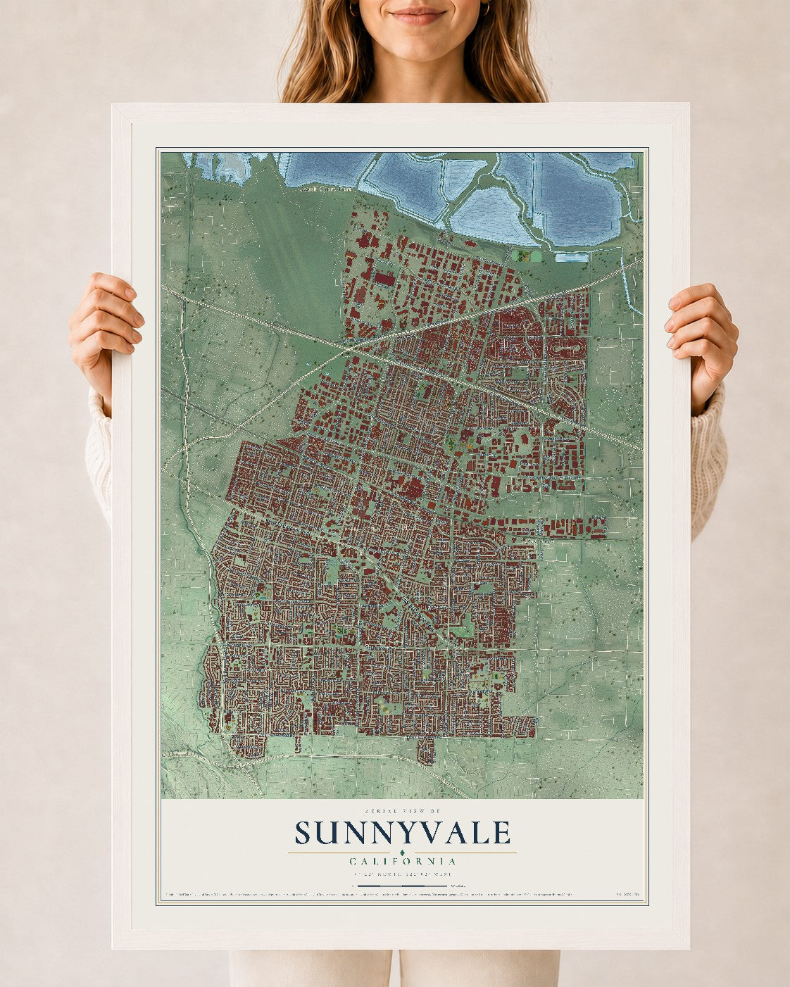 Map of Sunnyvale, California, 24 x 36 inch print in a white wood frame