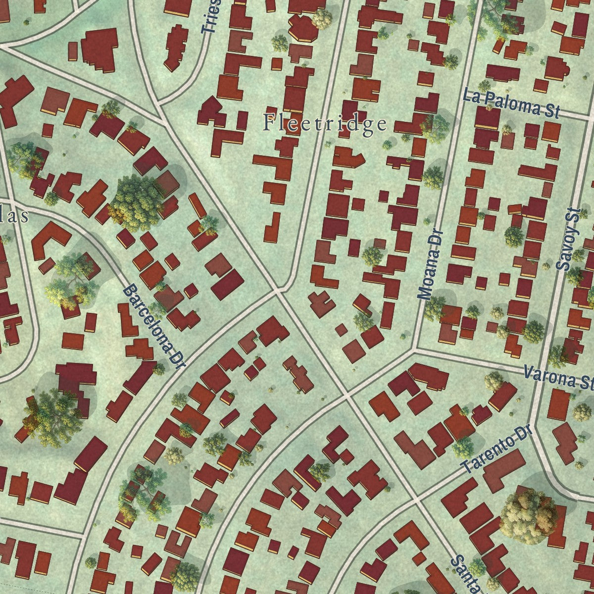 Close-up of the map of Sunset Cliffs, California print showing street and building detail