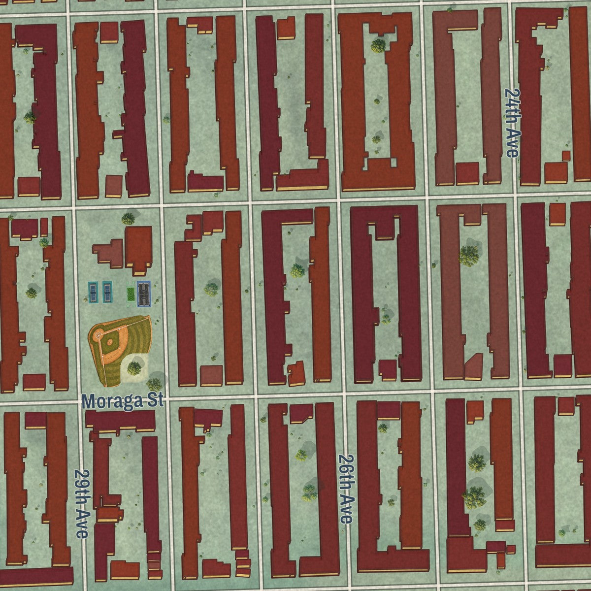 Close-up of the map of Sunset District, California print showing street and building detail