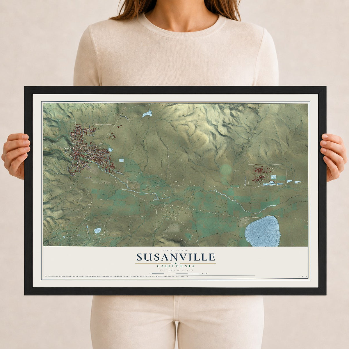 Map of Susanville, California, 12 x 18 inch print in a black wood frame