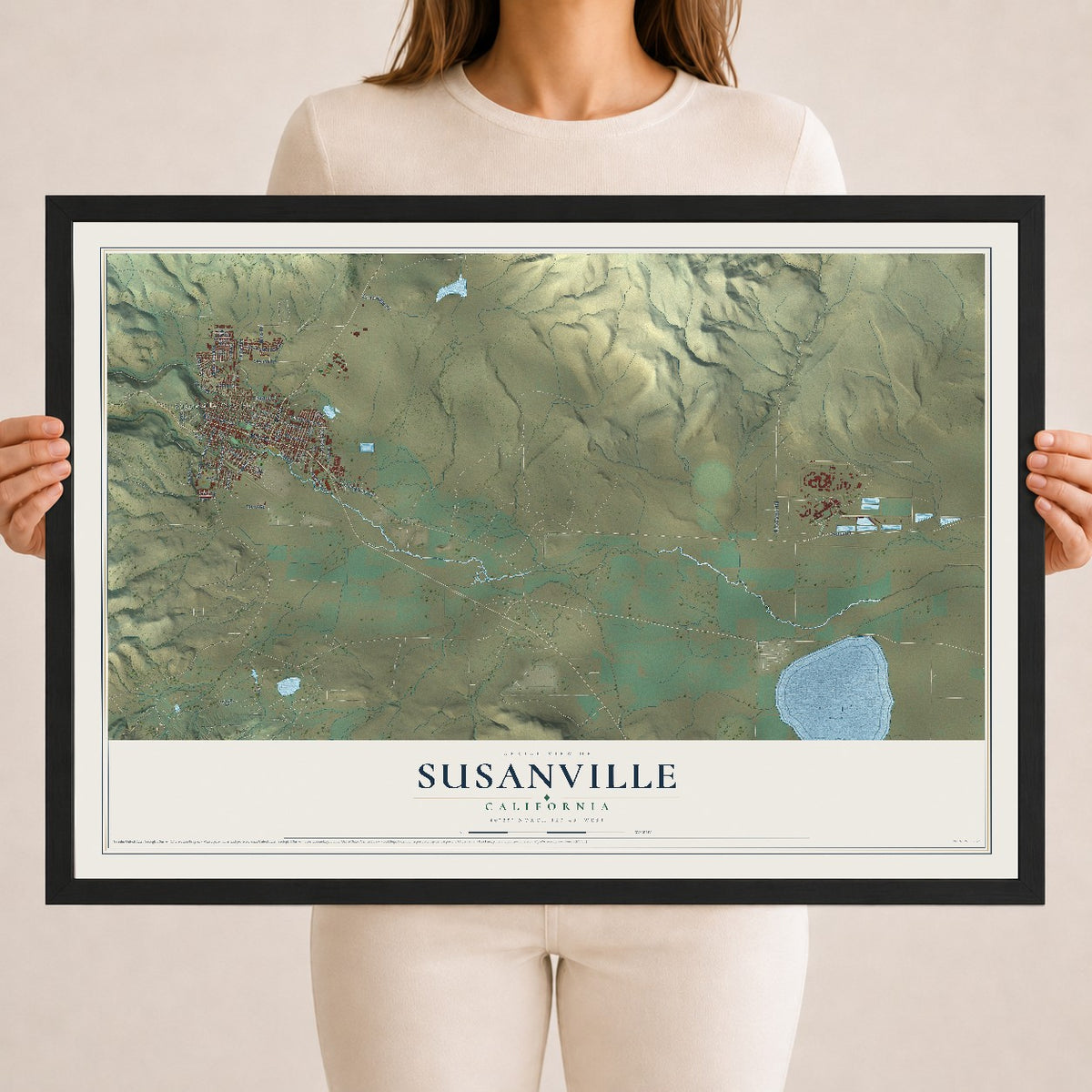 Map of Susanville, California, 18 x 24 inch print in a black wood frame