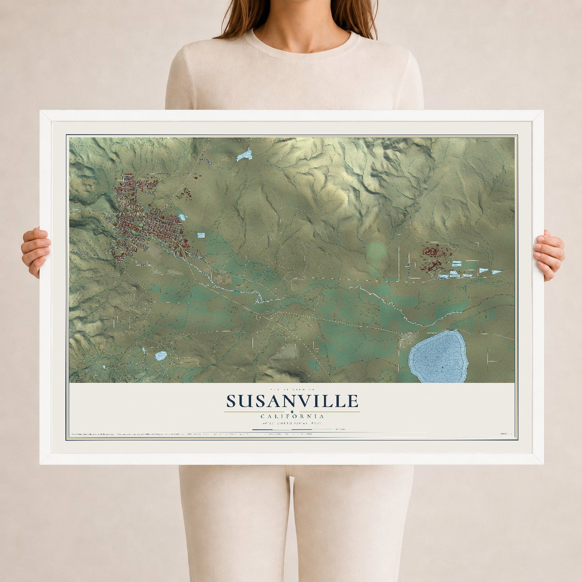 Map of Susanville, California, 24 x 36 inch print in a white wood frame
