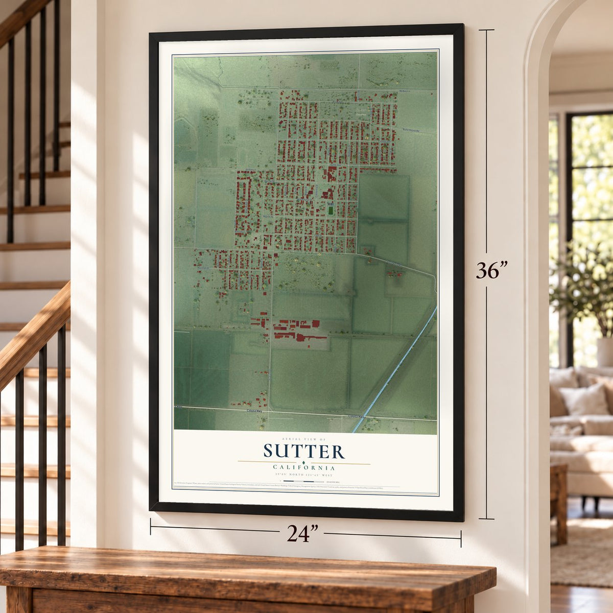 Sutter, California map, 24 x 36 inch print in a black frame by a staircase