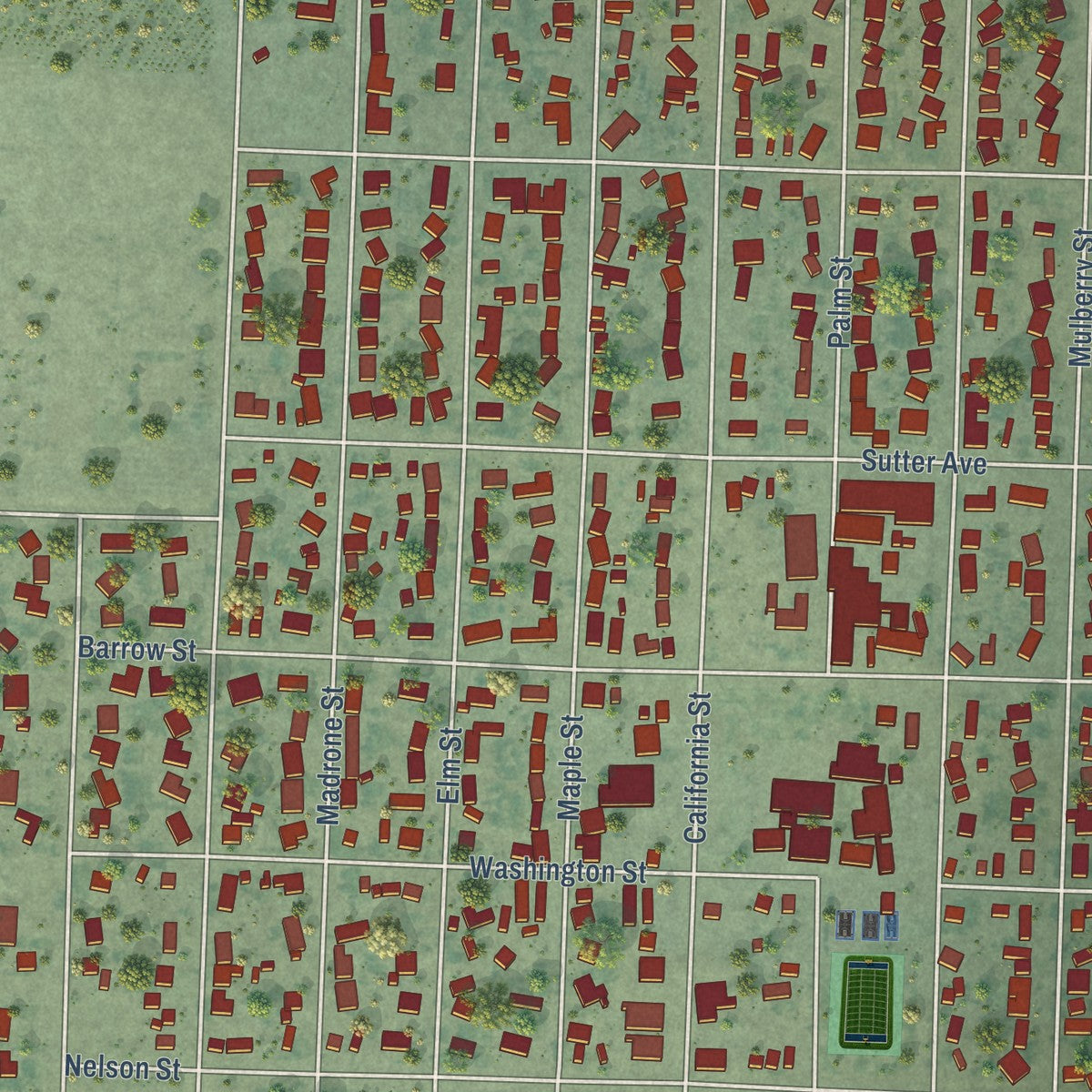 Close-up of the map of Sutter, California print showing street and building detail