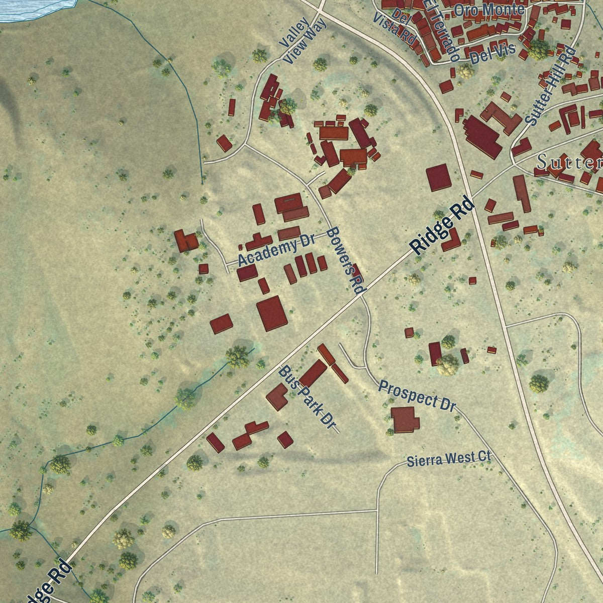 Second close-up of the map of Sutter Creek, California print showing more streets and buildings