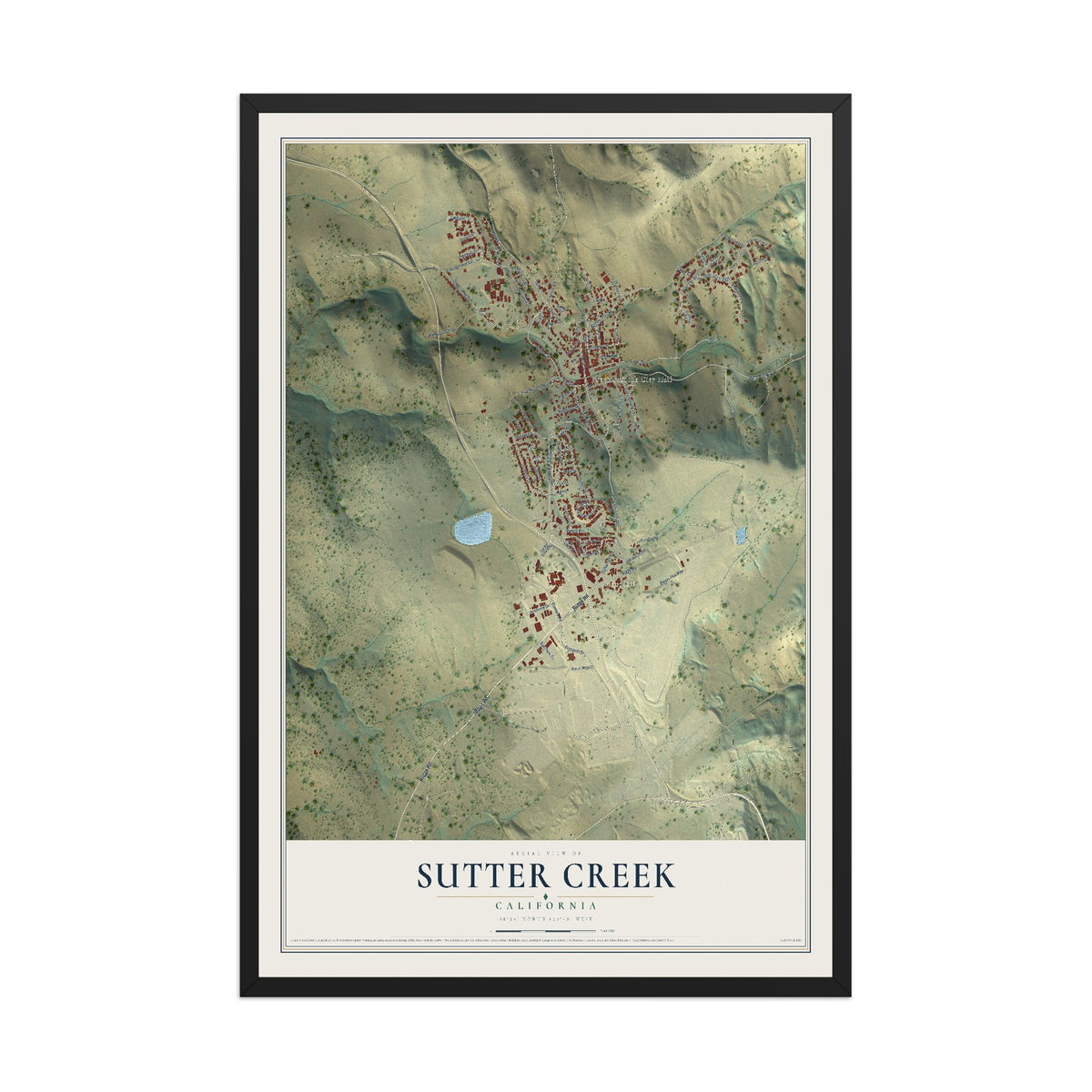 Map of Sutter Creek, California, 12 x 18 inch print in a black wood frame