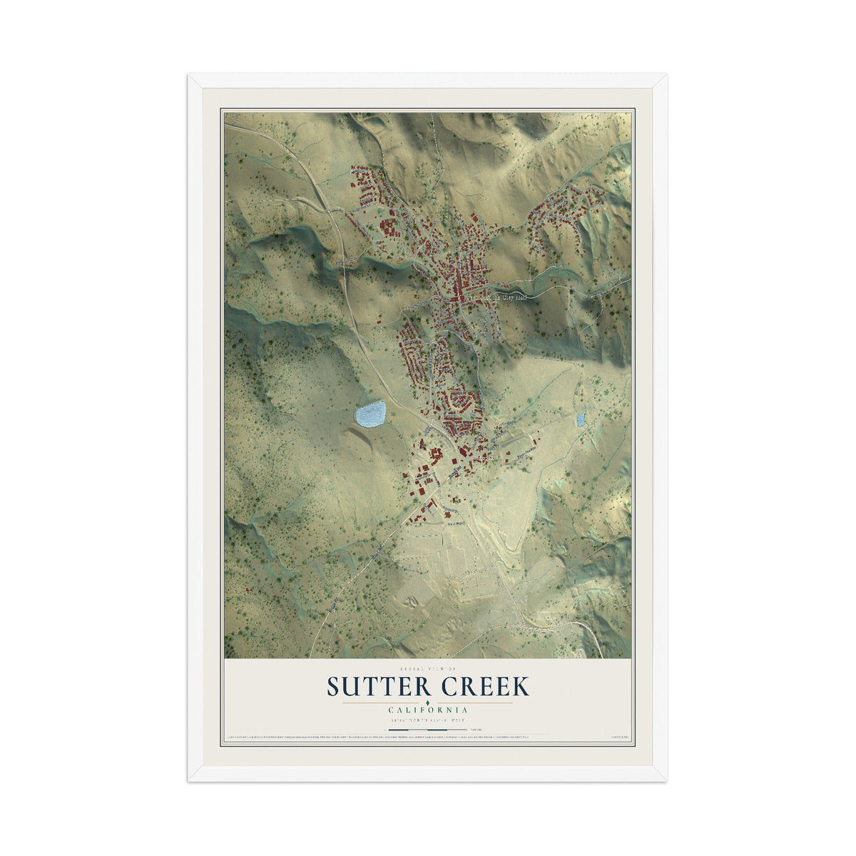 Map of Sutter Creek, California, 12 x 18 inch print in a white wood frame