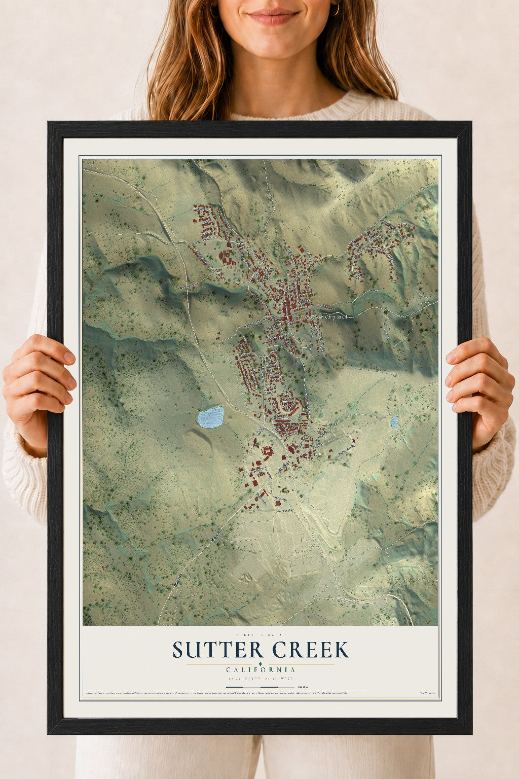Map of Sutter Creek, California, 18 x 24 inch print in a black wood frame