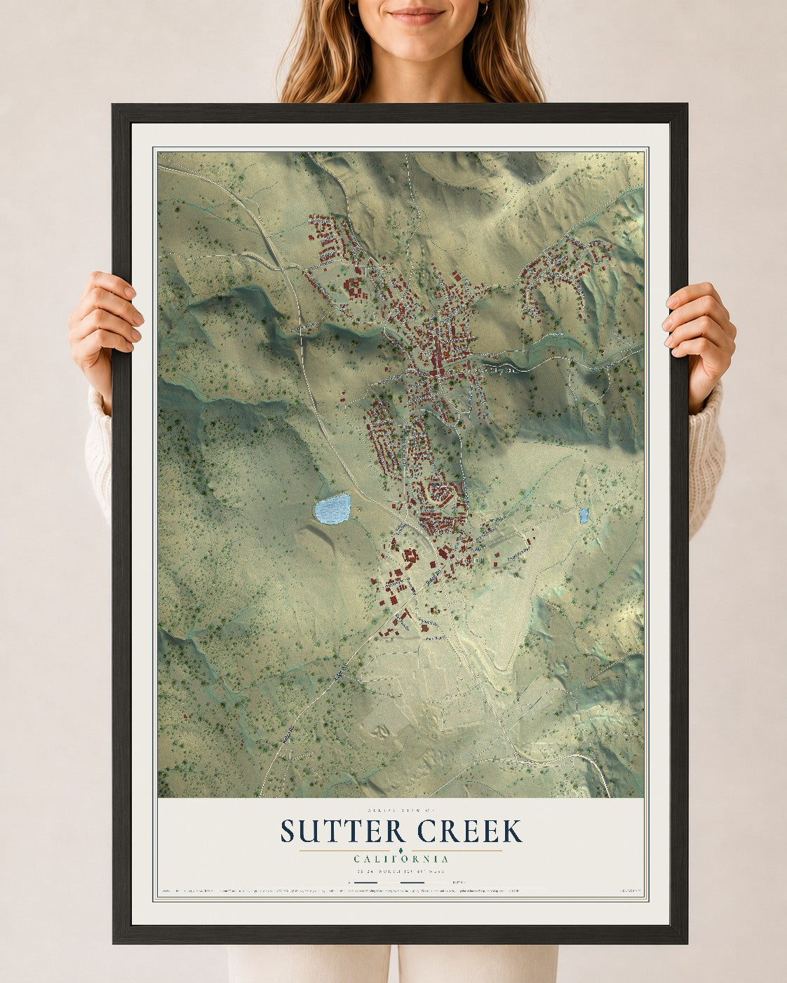 Map of Sutter Creek, California, 24 x 36 inch print in a black wood frame