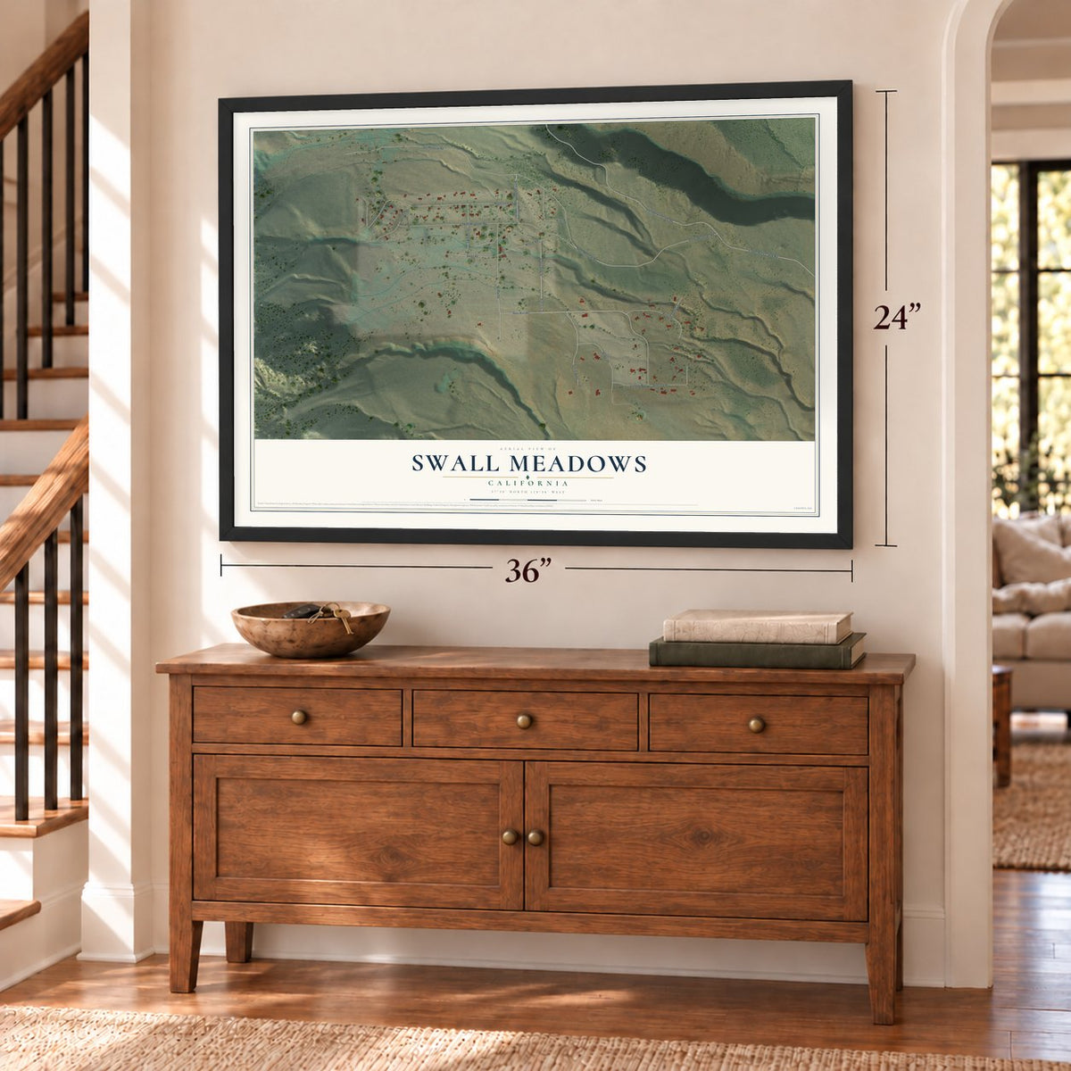 Swall Meadows, California map, 24 x 36 inch print in a black frame above a dresser by a staircase