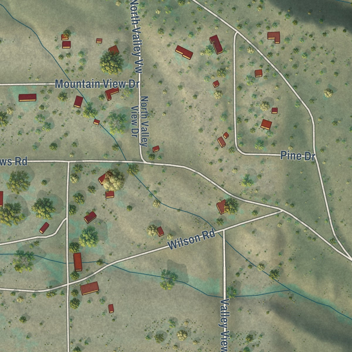 Close-up of the map of Swall Meadows, California print showing street and building detail