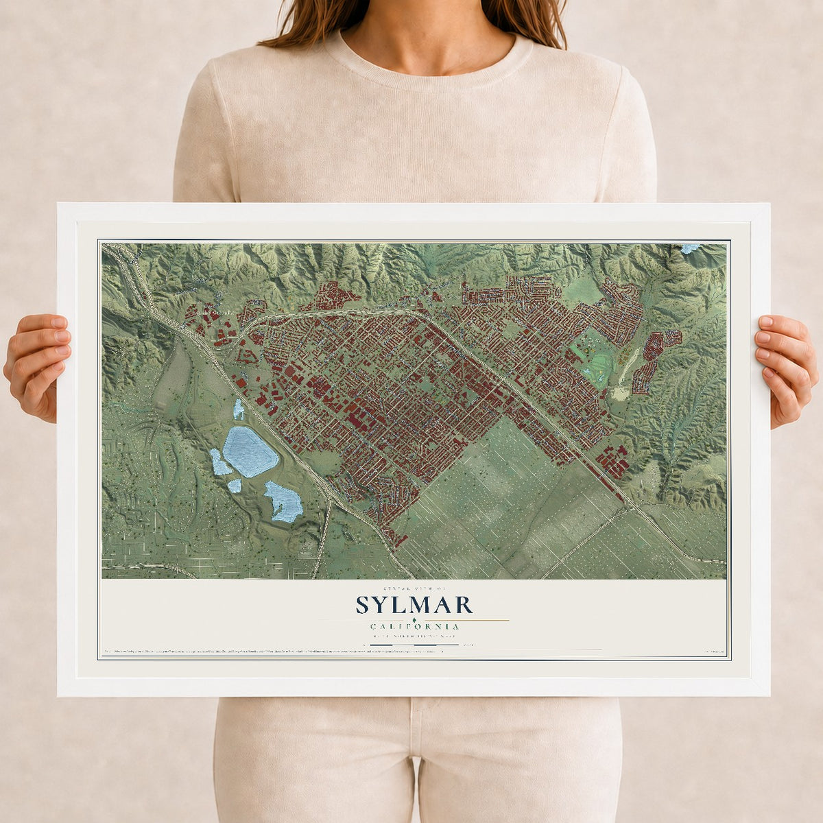 Map of Sylmar, California, 12 x 18 inch print in a white wood frame