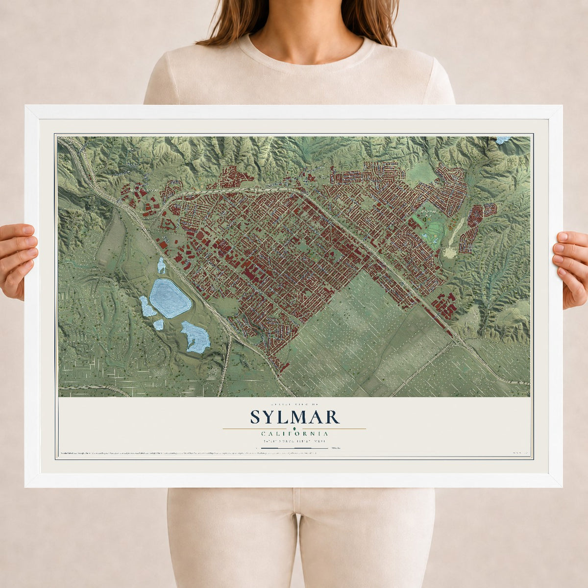 Map of Sylmar, California, 18 x 24 inch print in a white wood frame