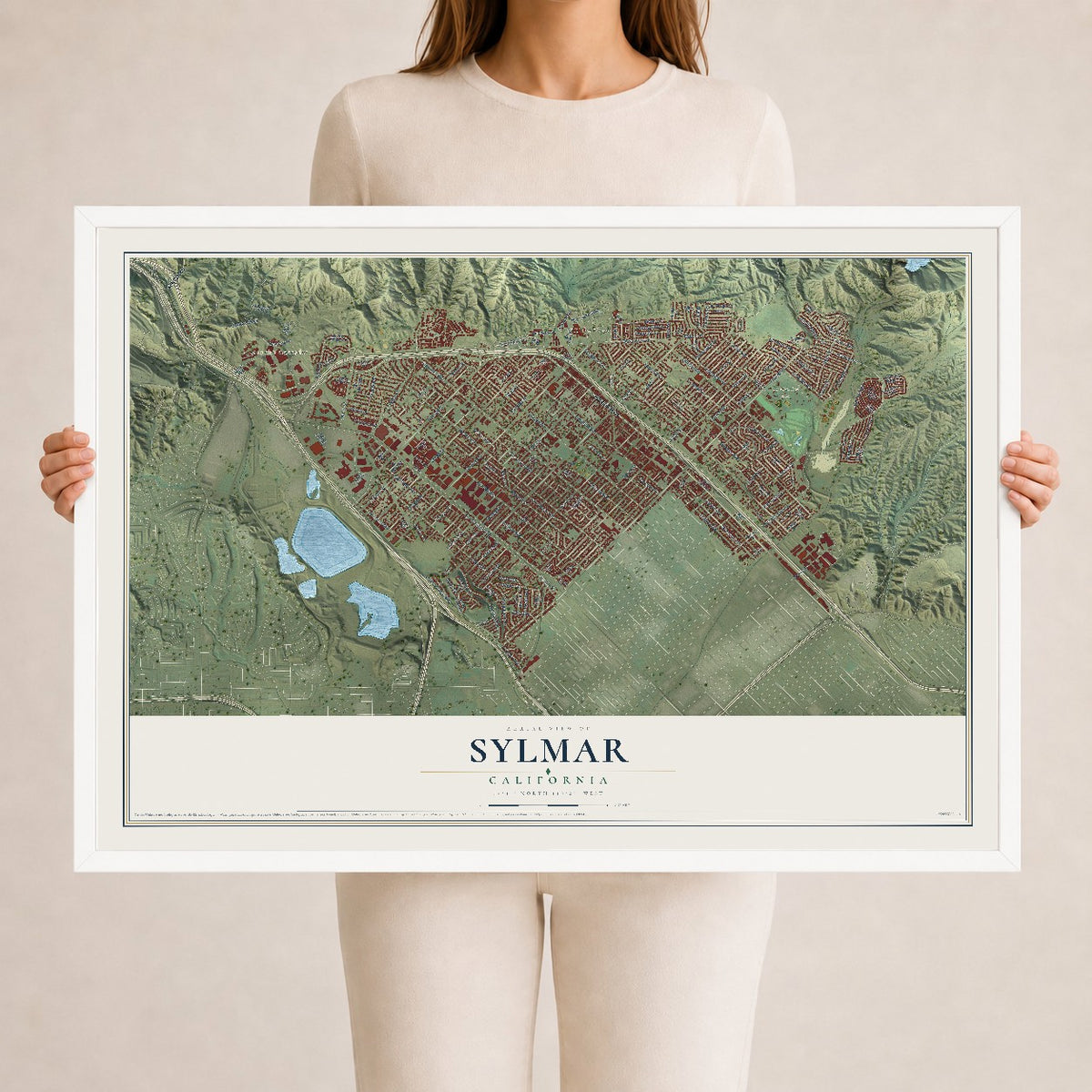 Map of Sylmar, California, 24 x 36 inch print in a white wood frame