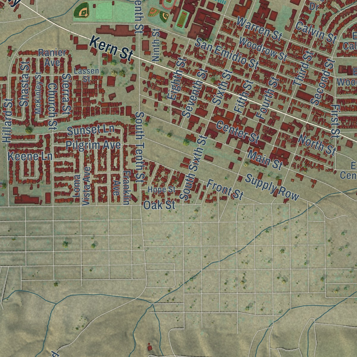 Close-up of the map of Taft, California print showing street and building detail