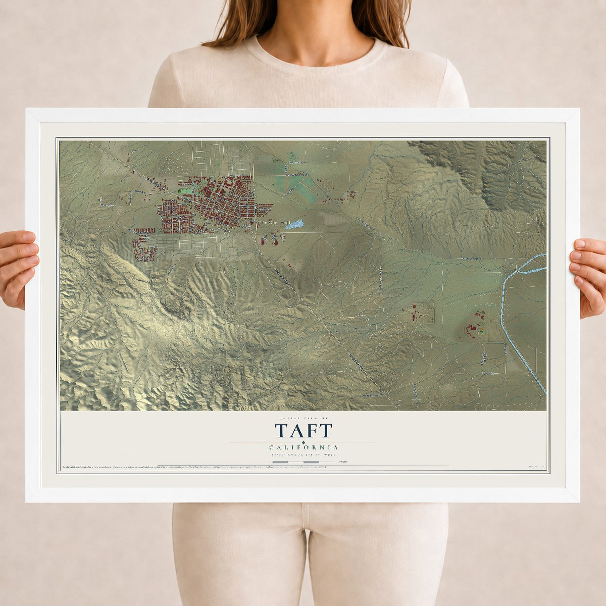 Map of Taft, California, 18 x 24 inch print in a white wood frame