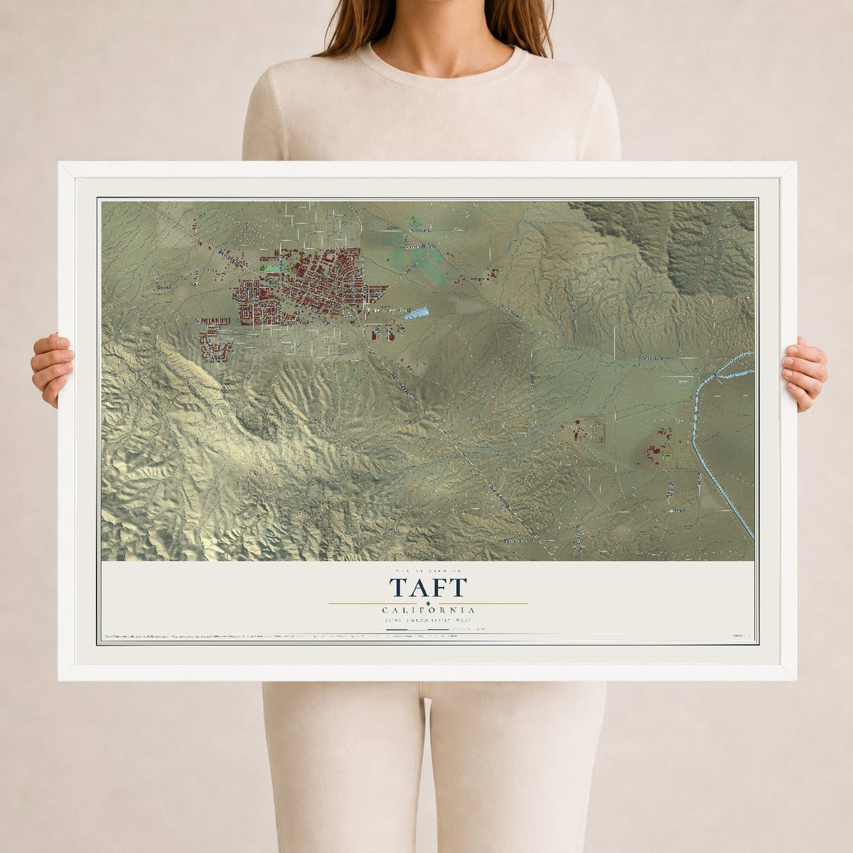 Map of Taft, California, 24 x 36 inch print in a white wood frame