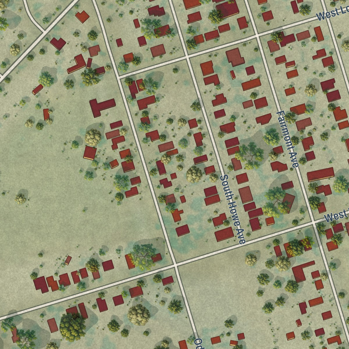 Close-up of the map of Taft Mosswood, California print showing street and building detail