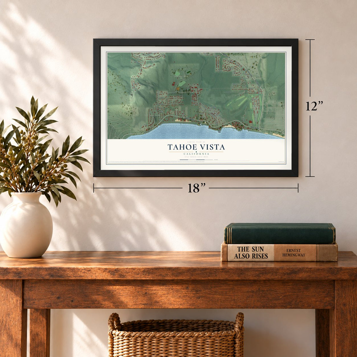 Tahoe Vista, California map, 12 x 18 inch print in a black frame in an entryway