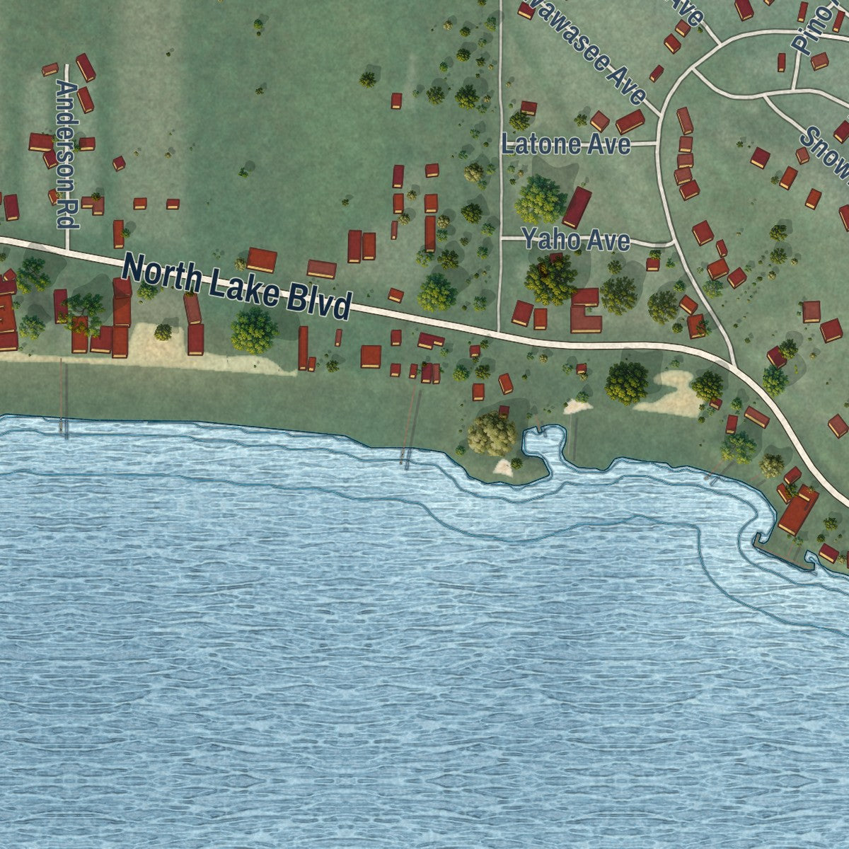 Close-up of the map of Tahoe Vista, California print showing street and building detail