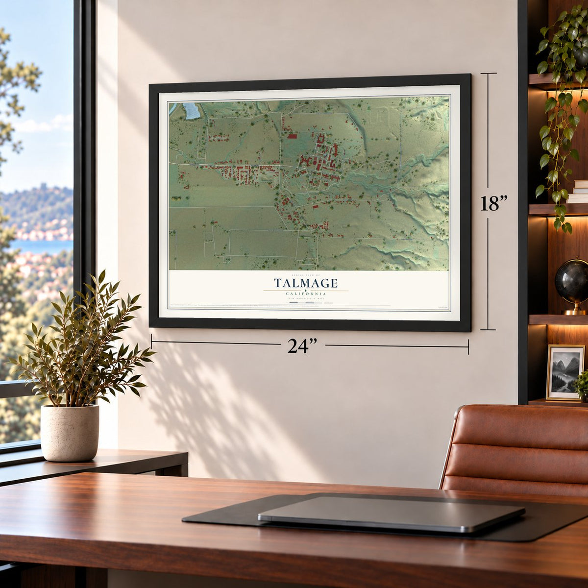 Talmage, California map, 18 x 24 inch print in a black frame in a home office
