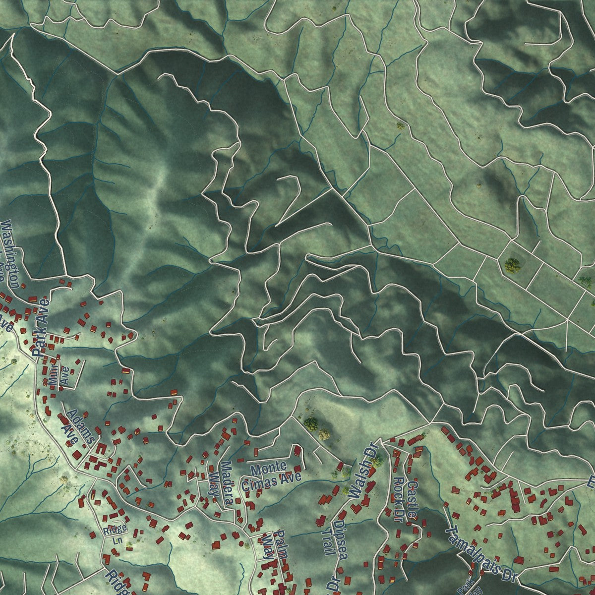Second close-up of the map of Tamalpais-Homestead Valley, California print showing more streets and buildings