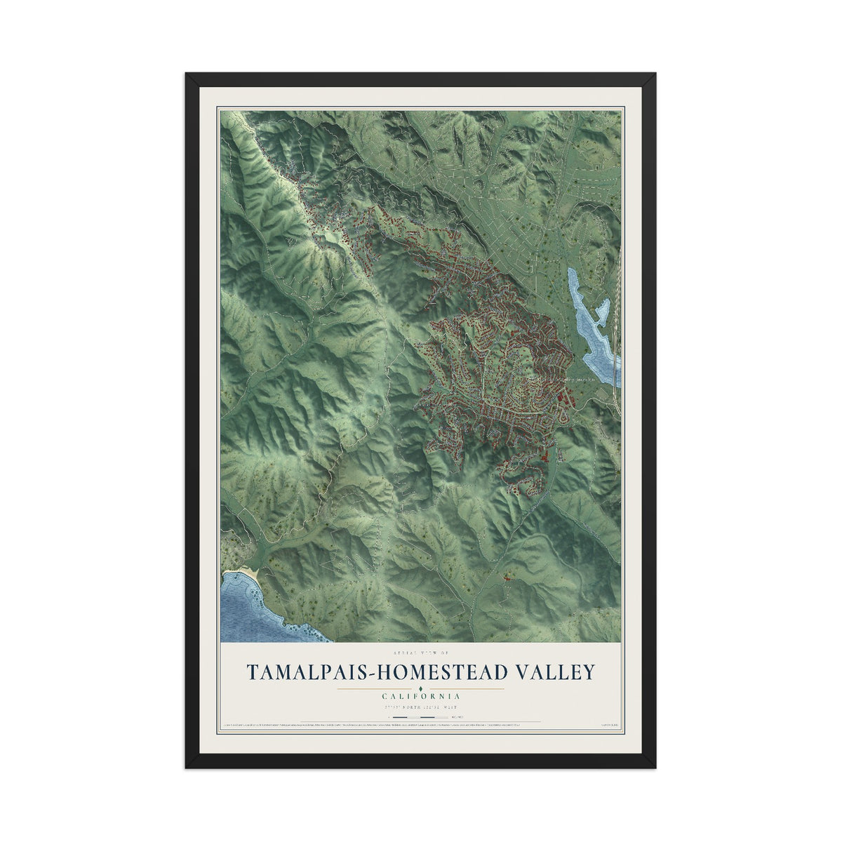 Map of Tamalpais-Homestead Valley, California, 12 x 18 inch print in a black wood frame