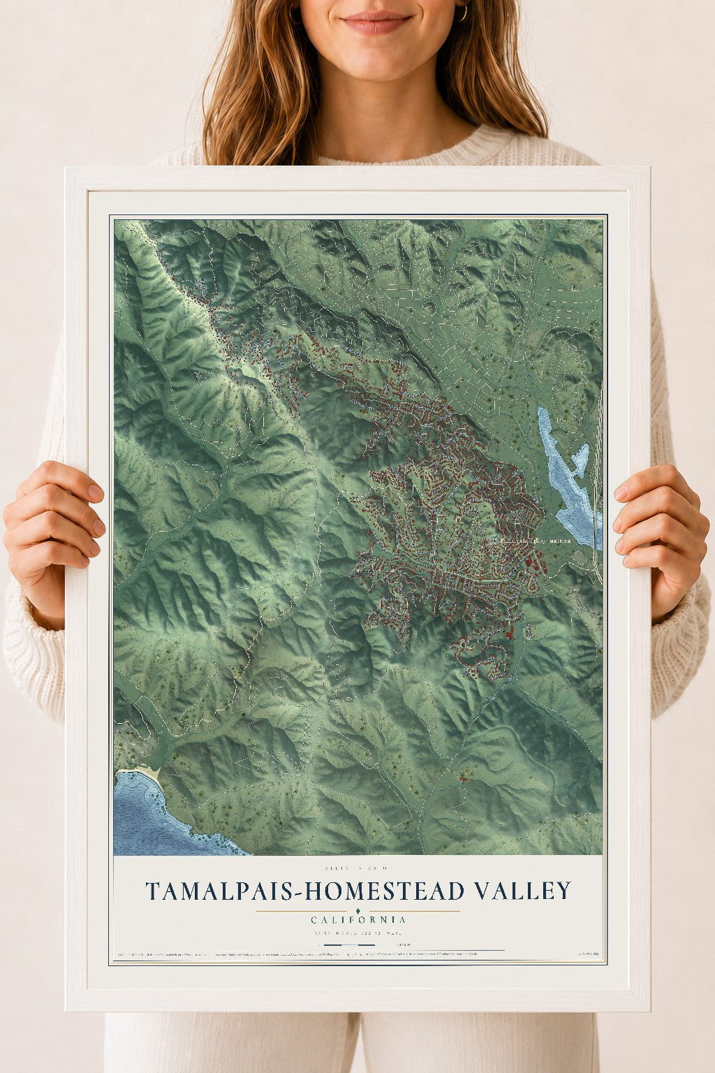Map of Tamalpais-Homestead Valley, California, 18 x 24 inch print in a white wood frame