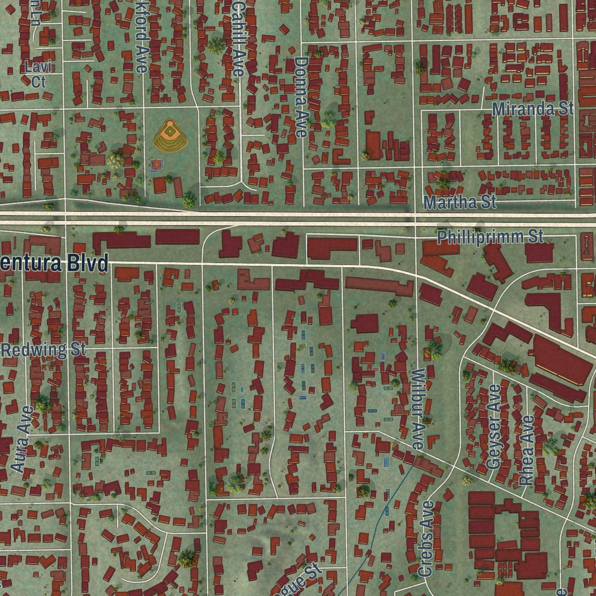 Close-up of the map of Tarzana, California print showing street and building detail