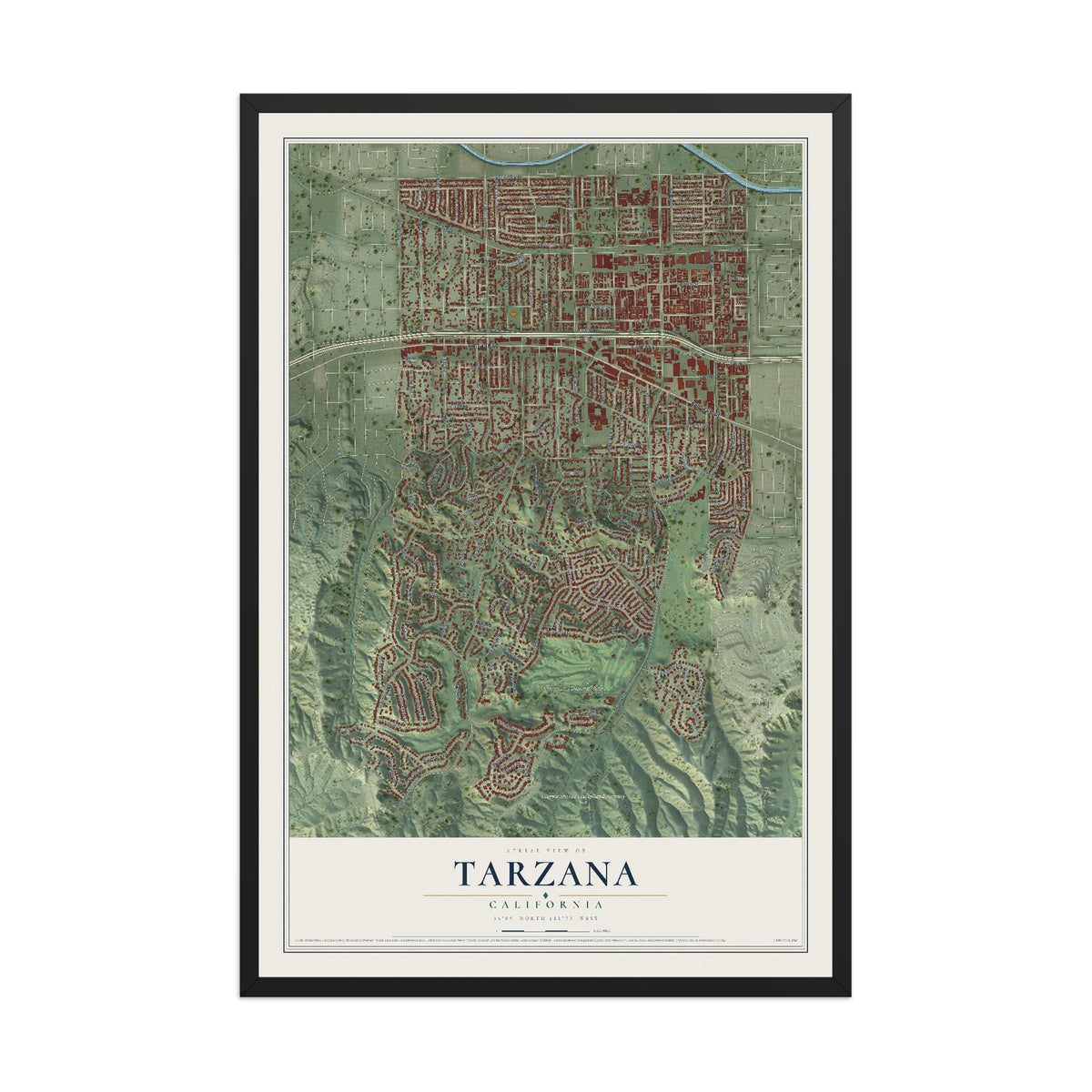 Map of Tarzana, California, 12 x 18 inch print in a black wood frame