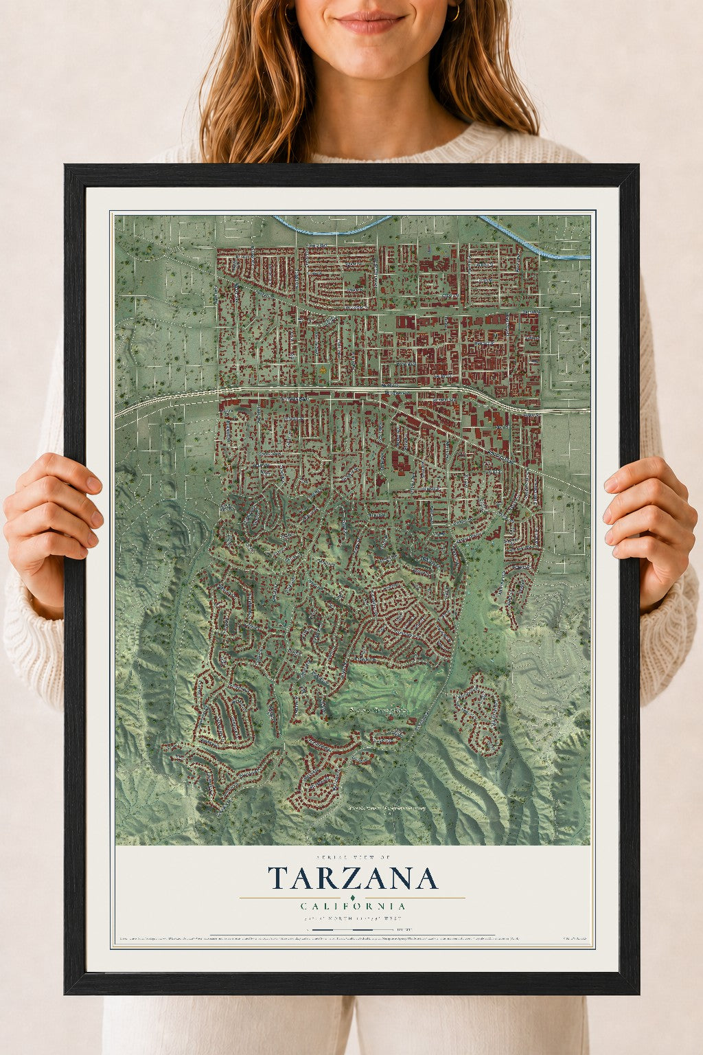 Map of Tarzana, California, 18 x 24 inch print in a black wood frame