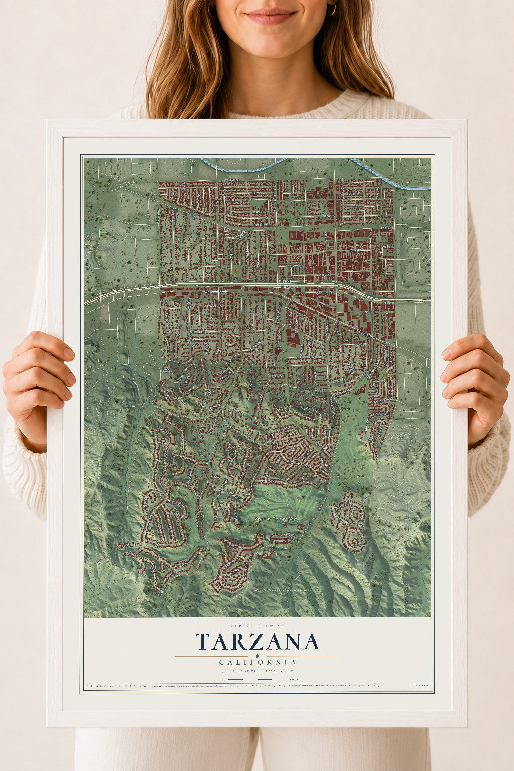 Map of Tarzana, California, 18 x 24 inch print in a white wood frame