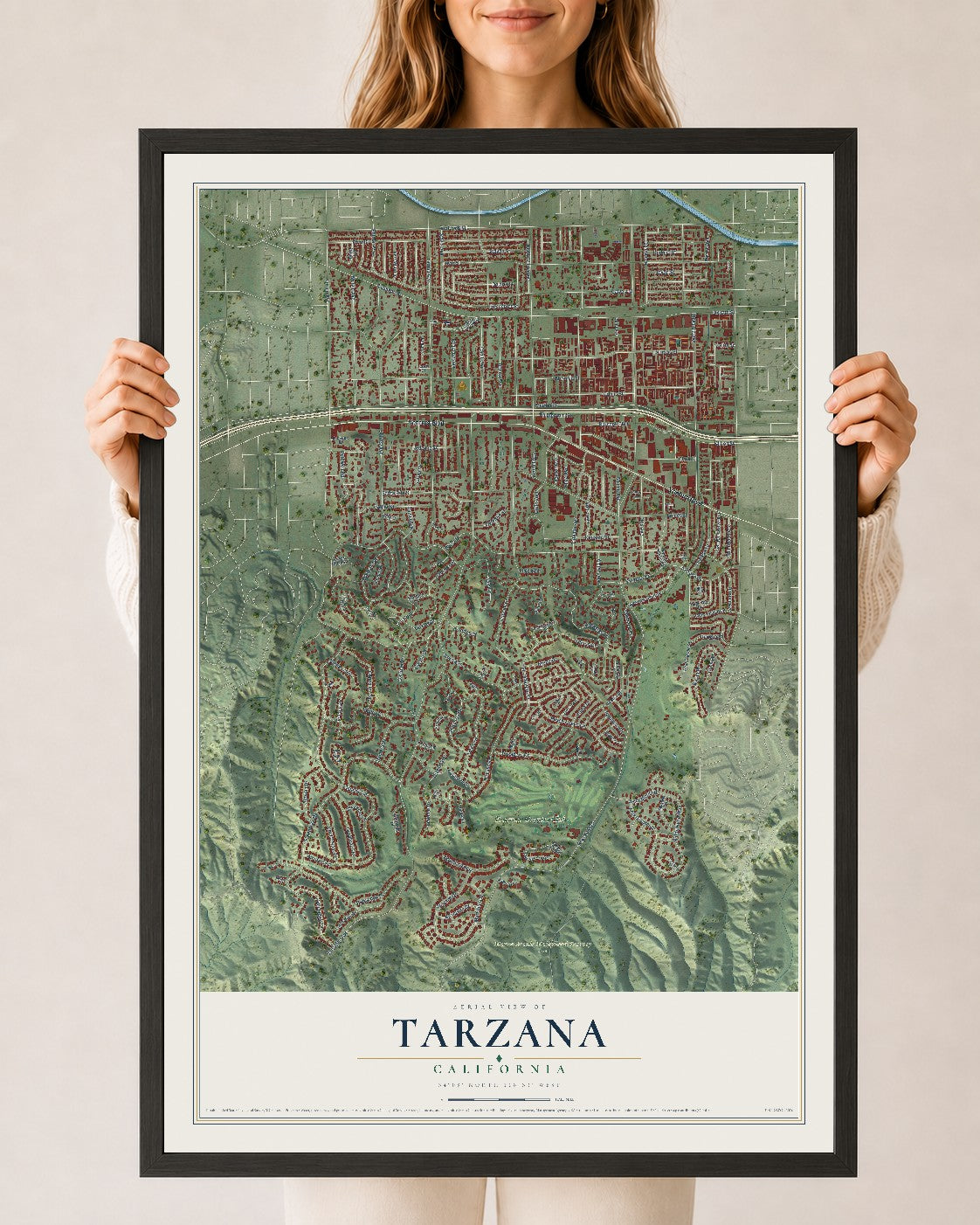 Map of Tarzana, California, 24 x 36 inch print in a black wood frame