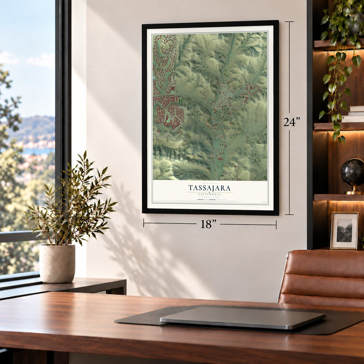 Tassajara, California map, 18 x 24 inch print in a black frame in a home office