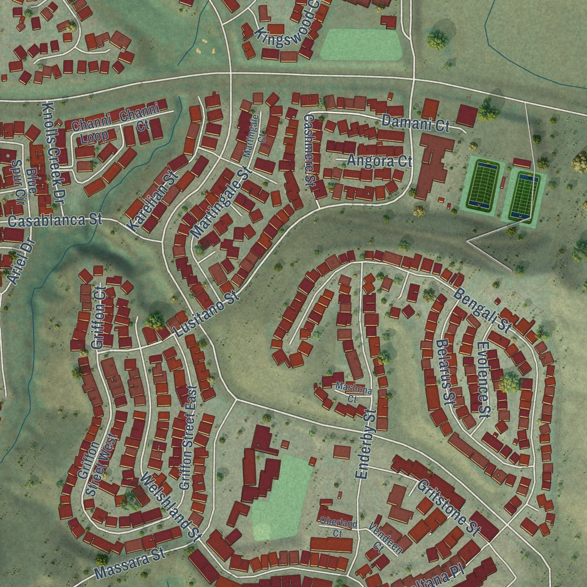 Close-up of the map of Tassajara, California print showing street and building detail