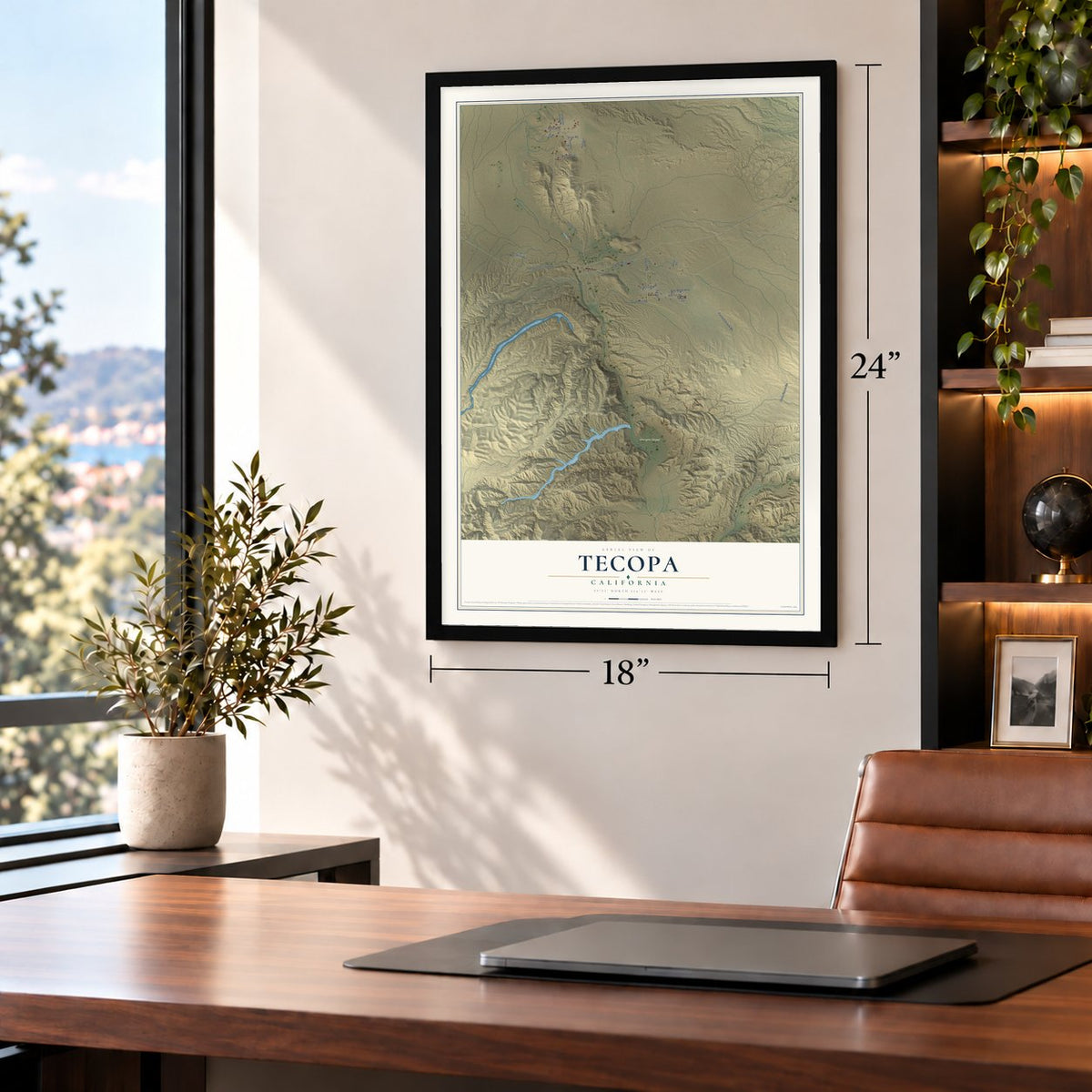 Tecopa, California map, 18 x 24 inch print in a black frame in a home office