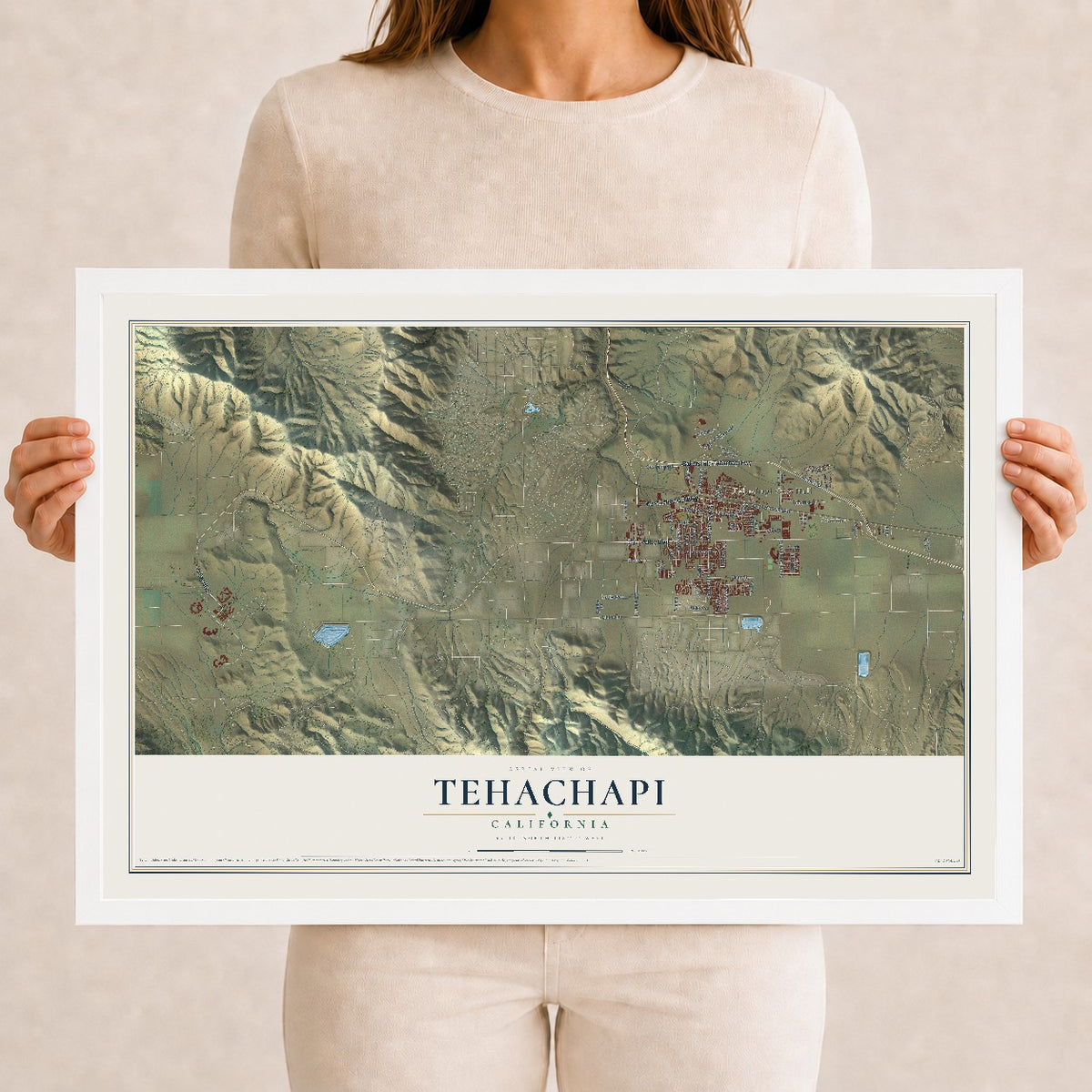 Map of Tehachapi, California, 12 x 18 inch print in a white wood frame