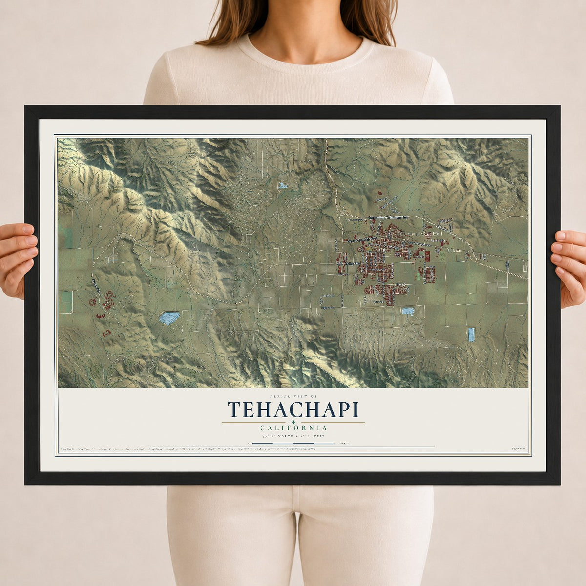 Map of Tehachapi, California, 18 x 24 inch print in a black wood frame