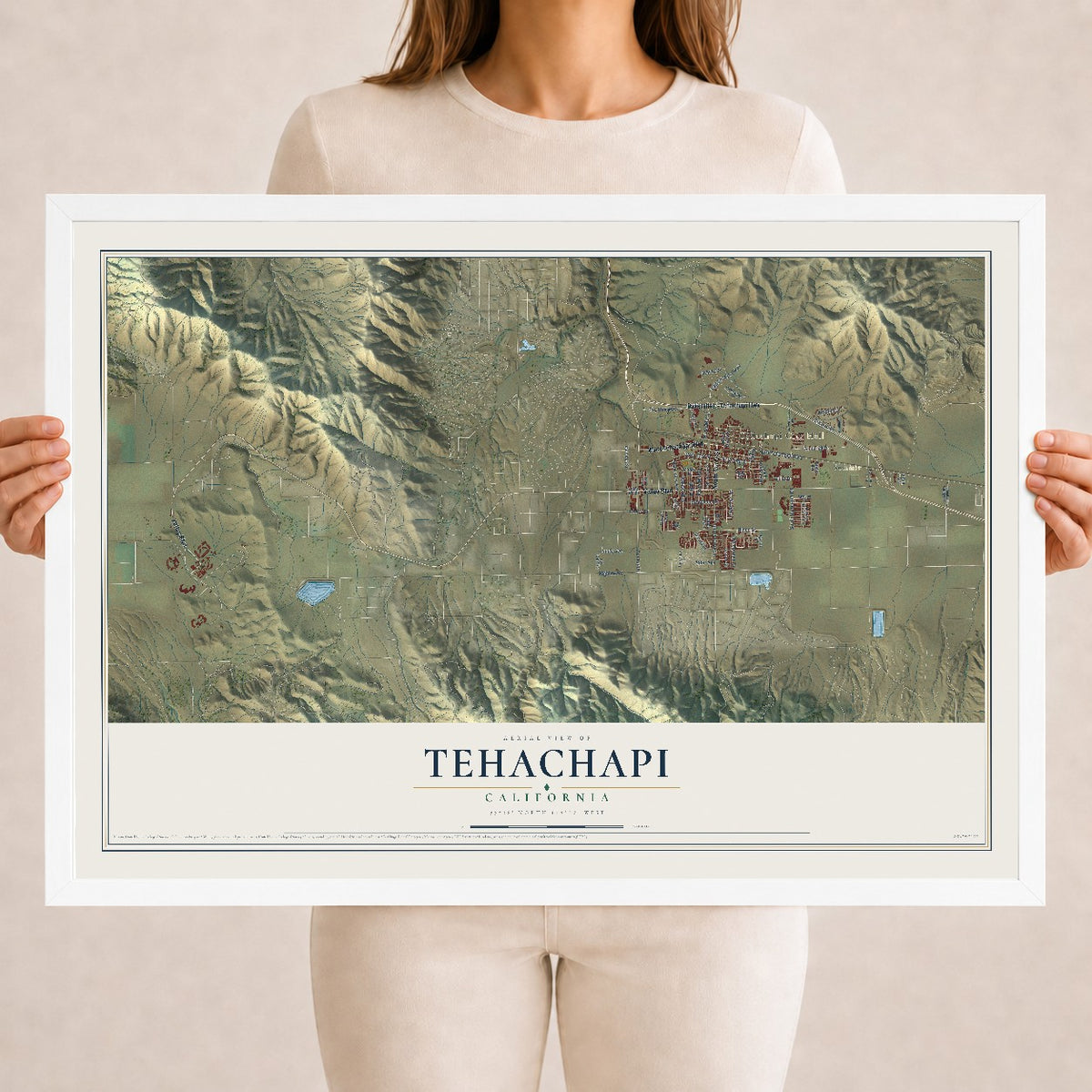 Map of Tehachapi, California, 18 x 24 inch print in a white wood frame