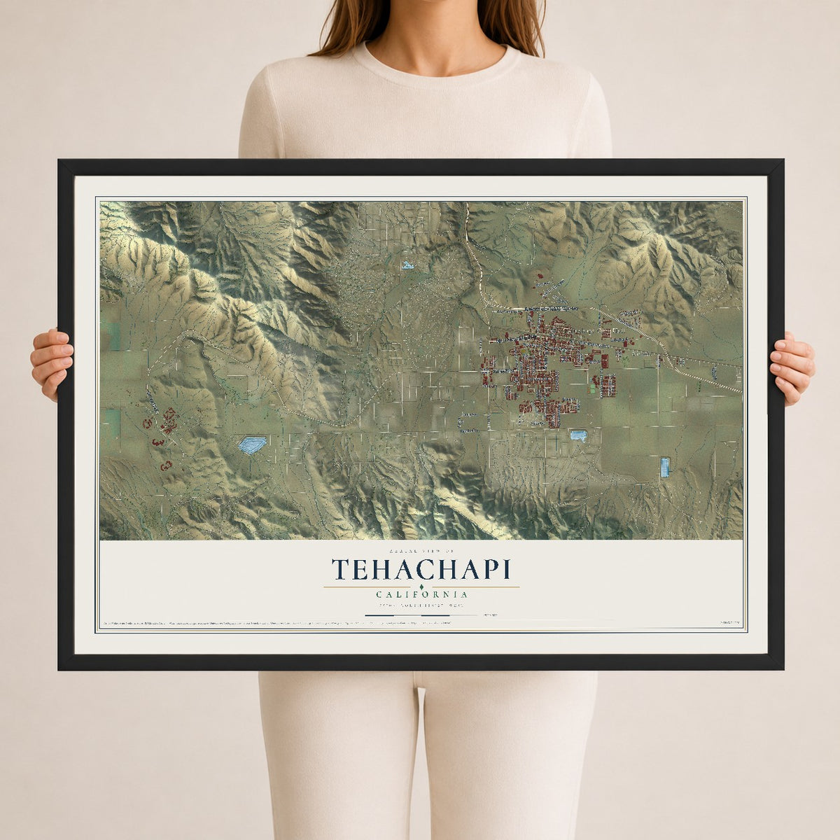 Map of Tehachapi, California, 24 x 36 inch print in a black wood frame
