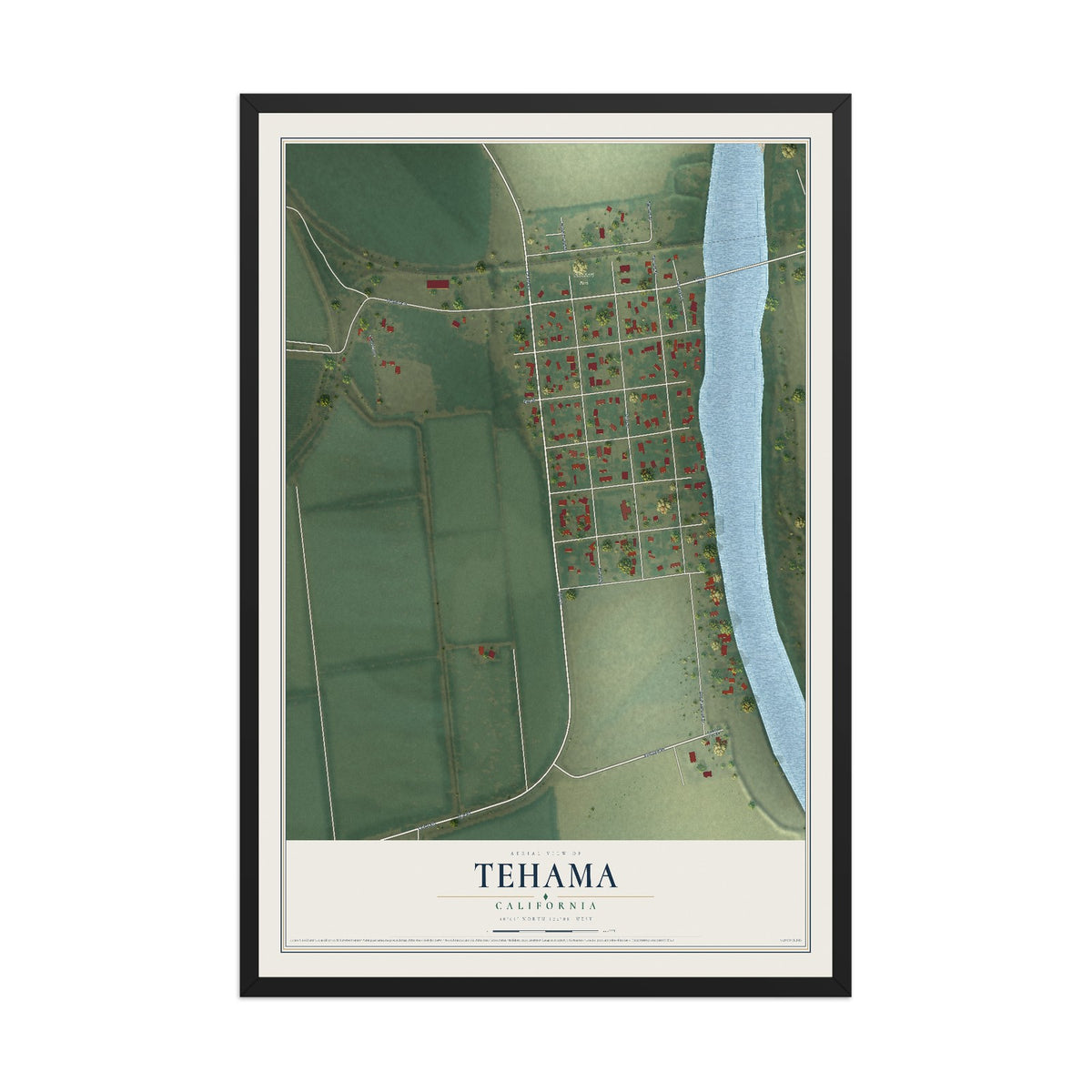 Map of Tehama, California, 12 x 18 inch print in a black wood frame