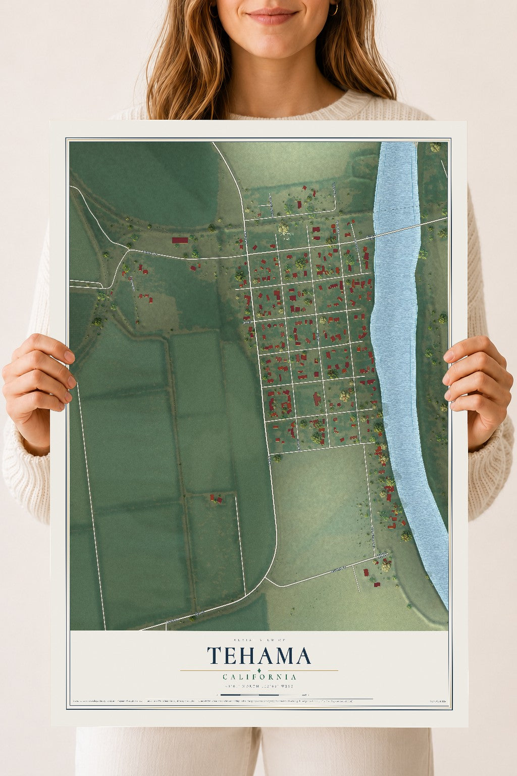 Map of Tehama, California, 18 x 24 inch unframed archival matte print