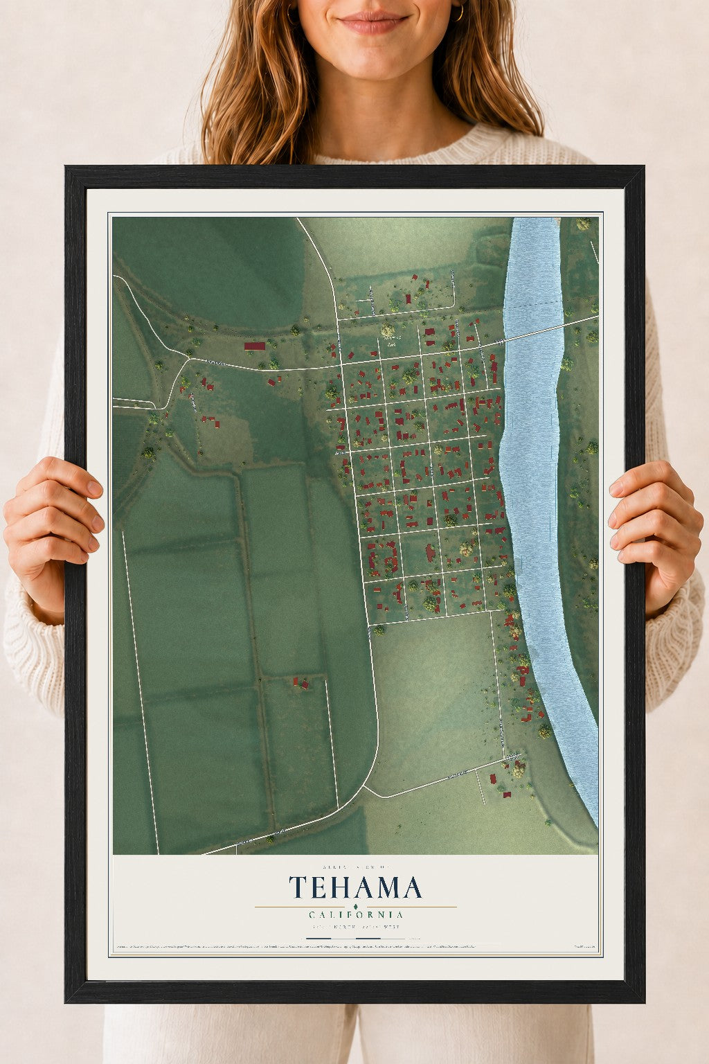 Map of Tehama, California, 18 x 24 inch print in a black wood frame